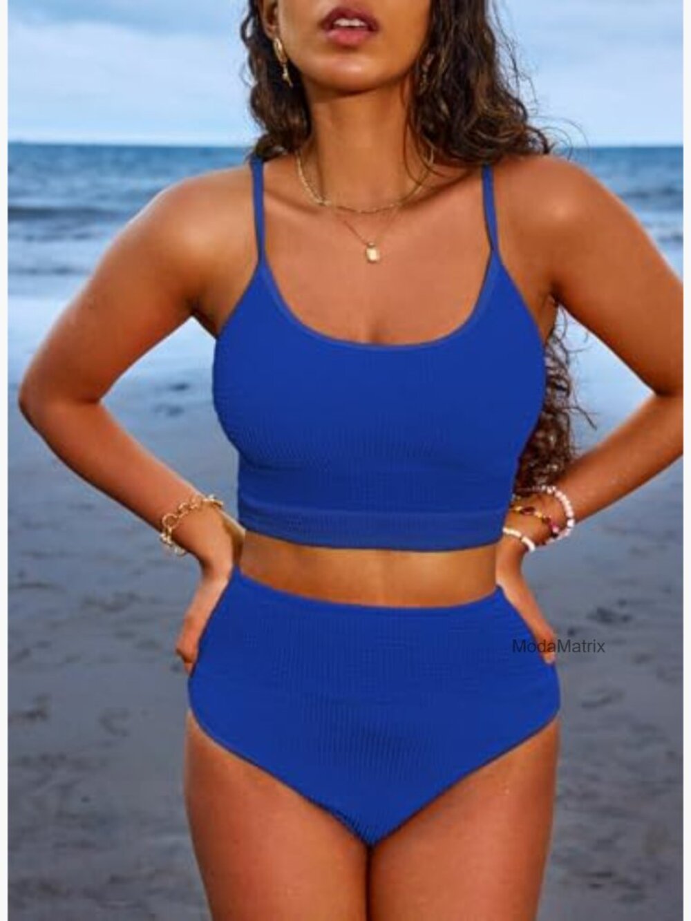 Large High Waisted Bikini Set Scrunch Ribbed Fabric Padded Top - Picture 4 of 7